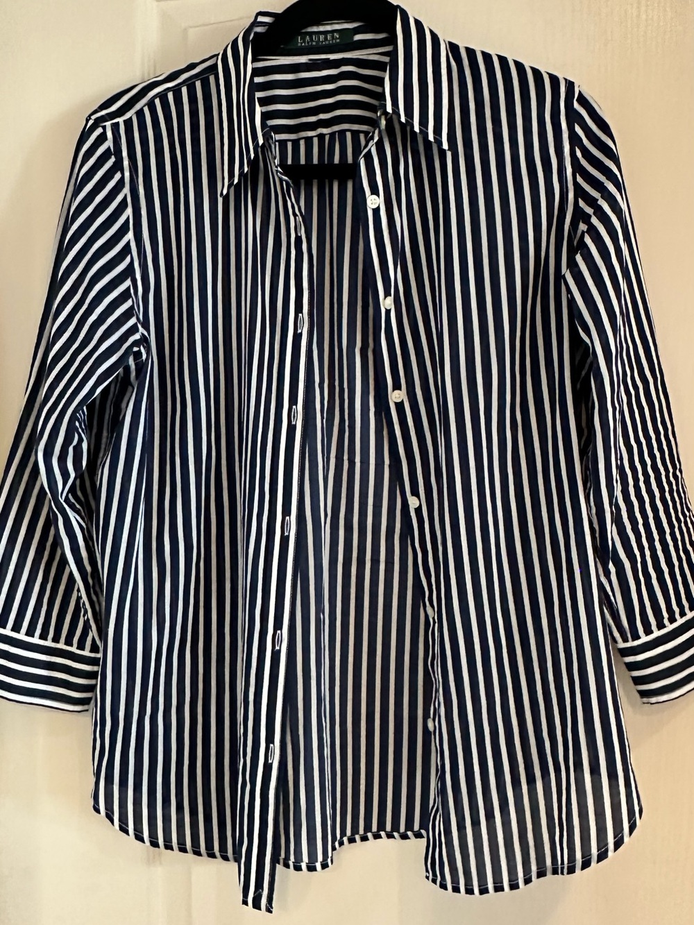 Lauren Ralph Lauren Navy and White Vertical Stripe Button-Down Shirt